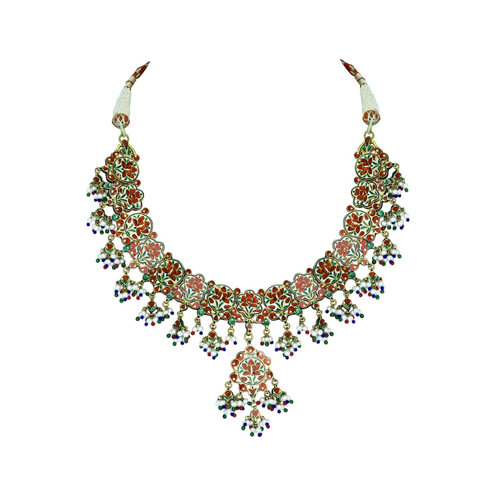 Floral Necklace with Polki, Red-Green Enamel, Pearls, and Beads